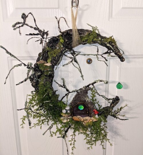 20" moon wreath with crystals and hand sculpted fairy door.
