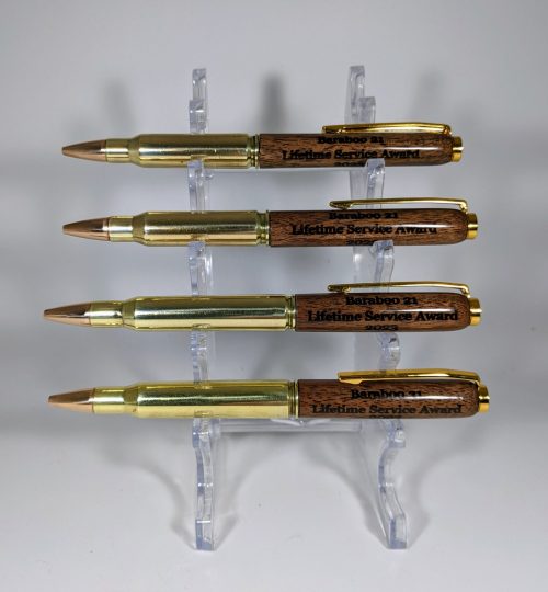 Custom laser engraved 30-06 and 7.62x51 cartridge pens made and donated to a veteran’s organization that were give as lifetime service awards.