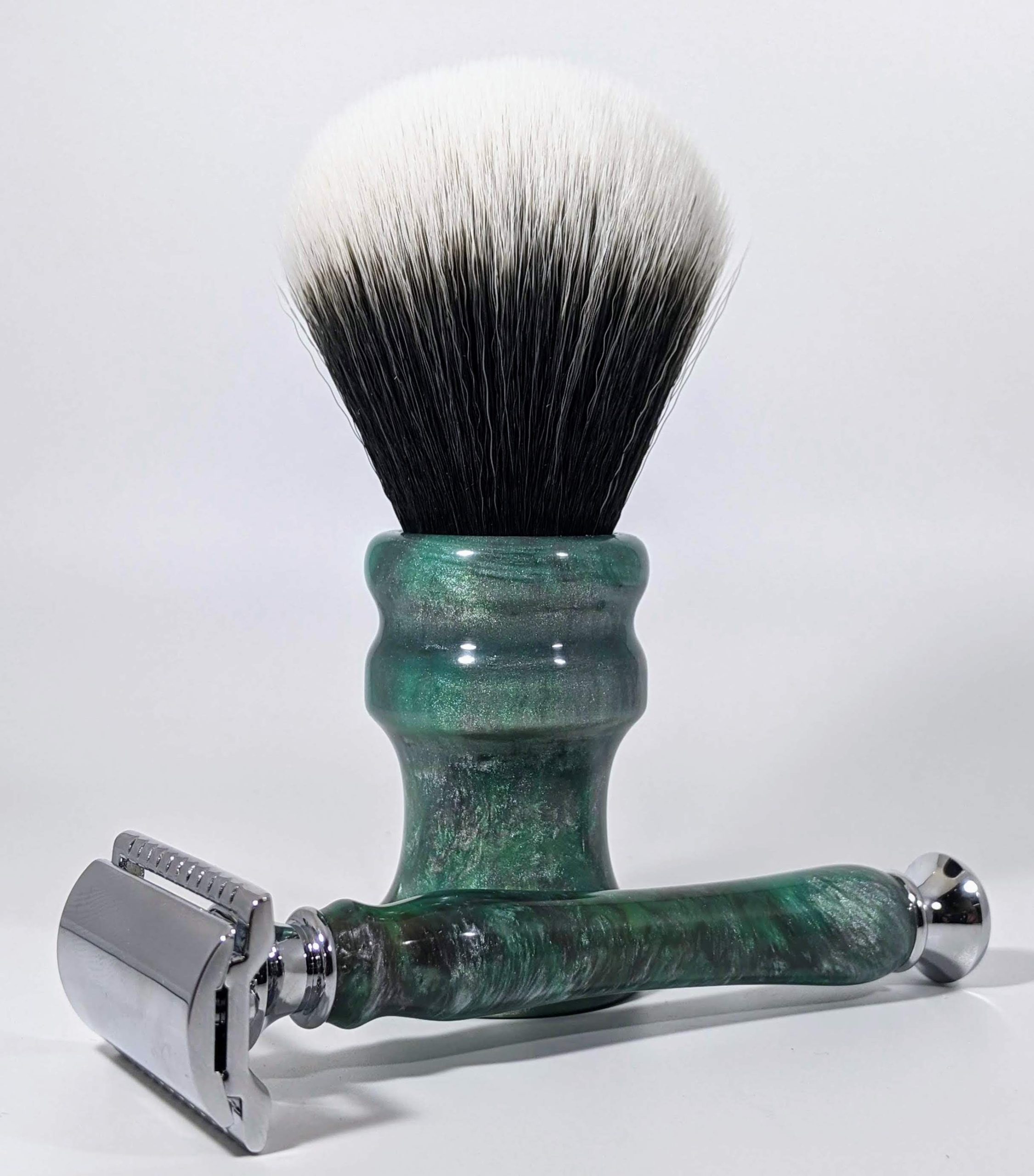 Double edge safety razor and brush set with custom poured jade green and antique silver epoxy handles.