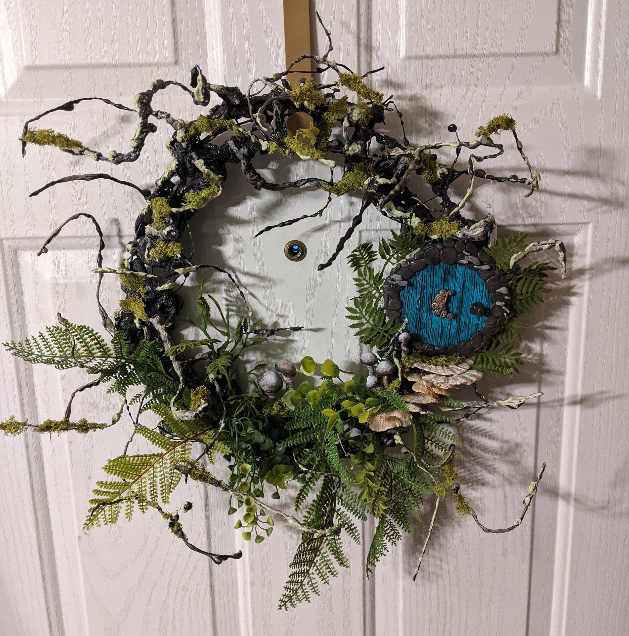 20" wreath with hand sculpted blue fairy door